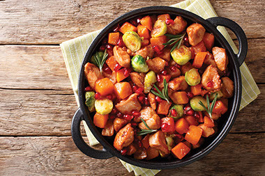 Roasted brussels sprouts, potatoes and chicken.