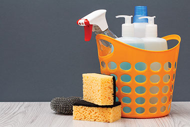 Bucket with cleaning supplies.