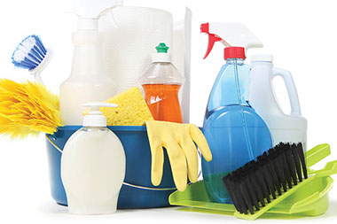 Do-it-yourself spring cleaning guide. Image of various cleaning products.