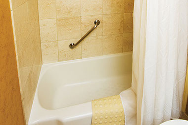 Image of tub and shower with grab bars.