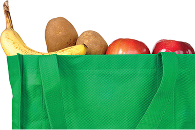 Keep clean and carry on. Image of green re-usable bag with fruit.