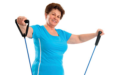 Boomers beware. Image of older women with exercise equipment.
