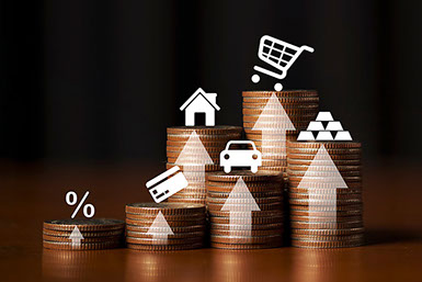 Stacked coins with illustration arrows pointing up with icons of a house, card, credit card, etc... Stacked coins with illustration arrows pointing up with icons of a house, card, credit card, etc...