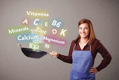 So do you really need that vitamin? Concept image of young women with cooking pan and different vitamins words above.