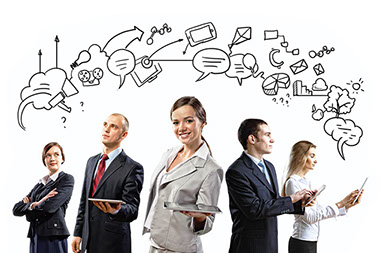 Concept image of co-workers with graphics above them.