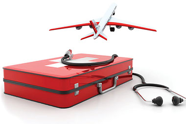 Illustration of an airplane and first aid kid.