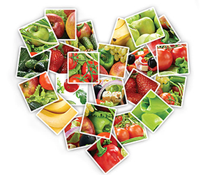 Images of fruits and vegetables shaped into a heart.