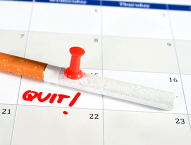 Steps to smokeless. Image of a cigarette on a calendar with the word "Quit!" next to it.