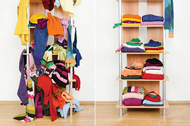 Buried in clutter. Side by side image of clutter, unorganized clothes and neat folded clothes.