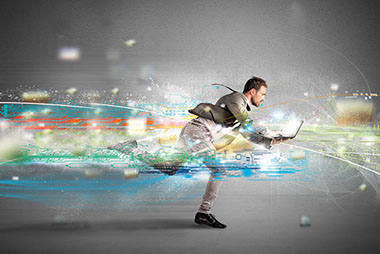 Concept image of man running with laptop.