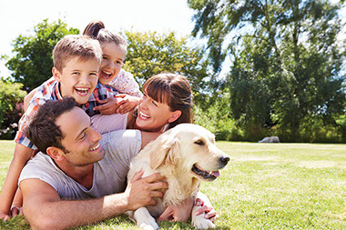 Image of family playing with pet dog.