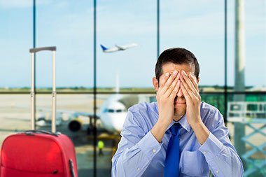 Image of man covering his face while at the airport.