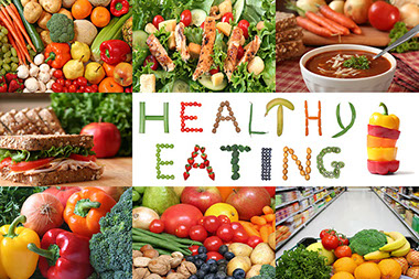Image of fruits, vegetables, soup and a sandwich with the words "Healthy Eating".