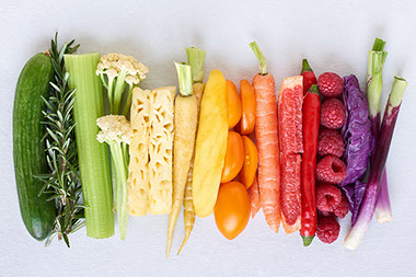 Rainbow spectrum of healthy fresh fruit and vegetables.