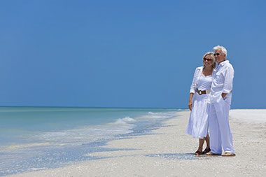 Live long enough to cash in your 401k. Image of an older couple at the beach.
