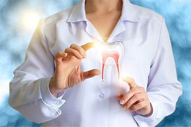 Image of dentist with illustration of a tooth.