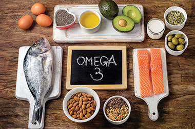 A variety of food that contains Omega-3.