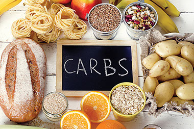 Small chaulk board with the word CARBS written with a variety of carbs.