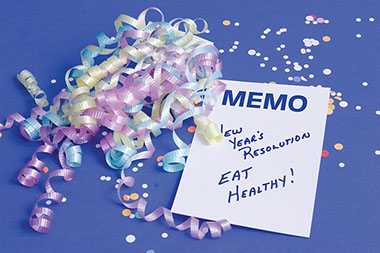 I resolve. Image of a memo with the note saying 'New year's resolution eat healthy!'