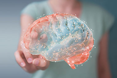 Photo illustration of brain with hands reaching out to touch it.