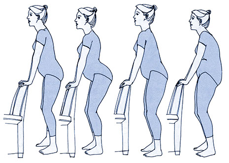 Self-care for backaches while pregnant. Illustration of pregnant women doing the pelvic rock exercise while standing.