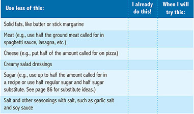 Chart of ideas on using less of ingredients. Chart of ideas on using less of ingredients.